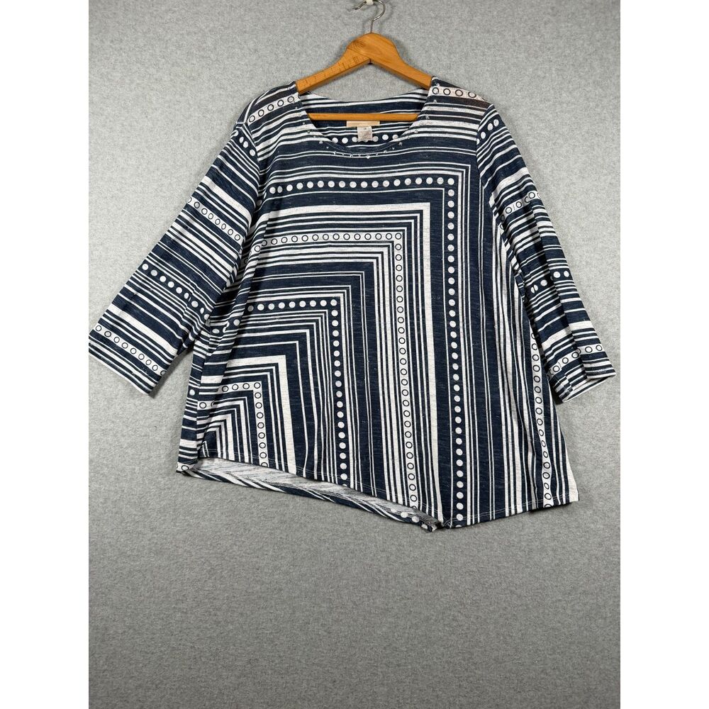 Alfred Dunner Women's 2X Navy White Geometric Rhinestone Tunic Top 3964